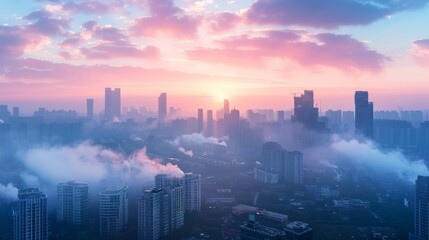 Fototapeta premium Modern city skyline with smog and air pollution, emphasizing environmental issues