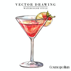 Cosmopolitan alcoholic cocktail vector vintage watercolor style