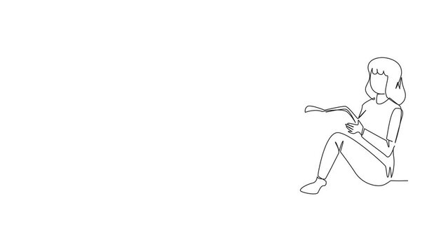 Animation of continuous one line drawing woman sitting while reading a book. Read books alone to focus on studying. The fast learner. Book festival concept. Happy reading. Full length motion