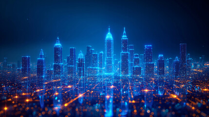 concept of smart or digital city, wire frame Cityscape in futuristic style.