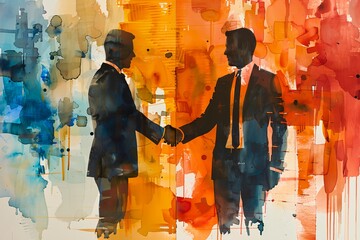 two men shaking hands in front of a painting of a cityscape with a yellow and blue background