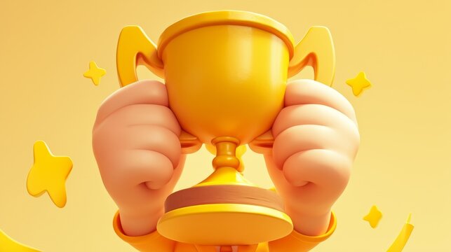 3D icon of a cute cartoon hand holding a golden trophy, bright color, simple shape, made of clay material, white background, first place, championship, Euro 2024, 4k HD wallpaper, background, by AI ge