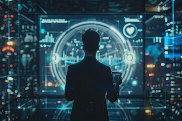 a businessman analyzing digital graph up on digital futuristic virtual hologram with holding tablet, back view 