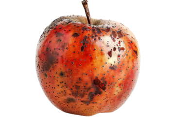 Close-up of a decayed apple with rot and blemishes, showing natural imperfection and decomposition over time.