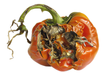 Close-up of a decayed red bell pepper showing signs of rot with detailed textures and colors. Ideal for agriculture and food waste themes.