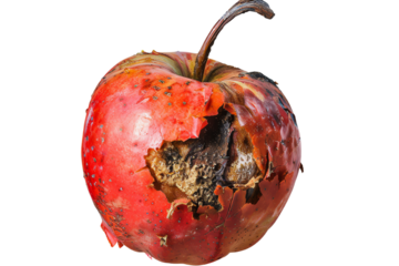 Close-up of a decayed, rotting red apple with mold and significant damage, exemplifying spoilage and imperfections in fruit.