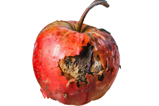 Close-up of a decayed, rotting red apple with mold and significant damage, exemplifying spoilage and imperfections in fruit.