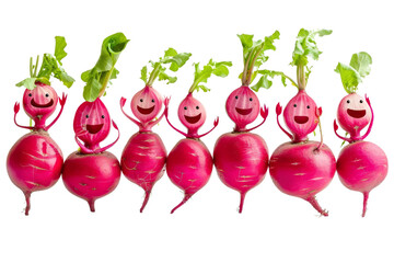 Vibrant radishes with smiling faces and green leaves, showcasing creativity and fun in healthy eating. Perfect for food and nutrition concepts.