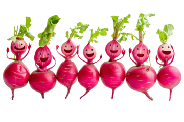 Vibrant radishes with smiling faces and green leaves, showcasing creativity and fun in healthy eating. Perfect for food and nutrition concepts.