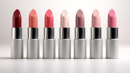 Obraz premium A set of feminine lipsticks in various colors in sleek packaging, placed on a clean white surface with a soft sheen.