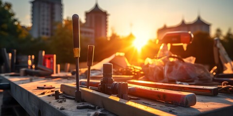Closeup view of construction tools at sunset focused and low angle shot. Concept Construction Tools, Closeup View, Sunset, Focused Shot, Low Angle Shot