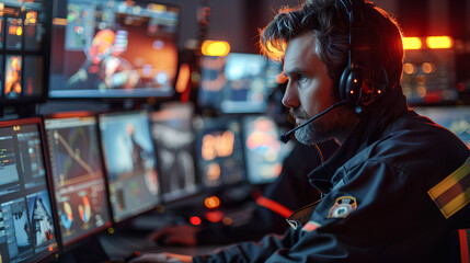 Fototapeta premium A firefighter is seated at a desk with numerous monitors, actively monitoring emergency situations and dispatch calls. 