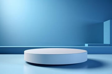 White 3D rendered minimalist podium placed on a blue background. It has dimensions with geometric shapes.