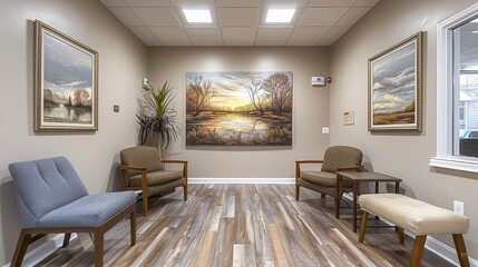therapy office decor, nature-inspired art on the walls of a therapists office creates a calming and serene atmosphere, with tranquil landscapes enhancing the environment