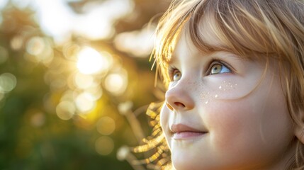 Fototapeta premium Closeup of young white Caucasian girl with sunlight and glitter on her face