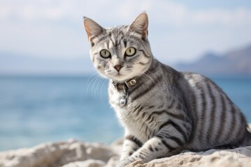 Obraz premium Portrait of a cute american shorthair cat in serene seaside background