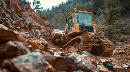 Obraz premium Yellow Bulldozer Clearing Debris on a Mountainside After a Landslide