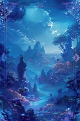 A cartoon-style fantasy RPG game card background featuring a mythical landscape in shades of deep blue and emerald green, framed by a decorative border