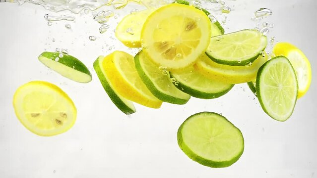 Slices limes and lemons are falling in clear and fresh water filmed in closeup on white background. Slow motion footage of process of preparing homemade lemonade from juicy citrus fruit. Sour beverage
