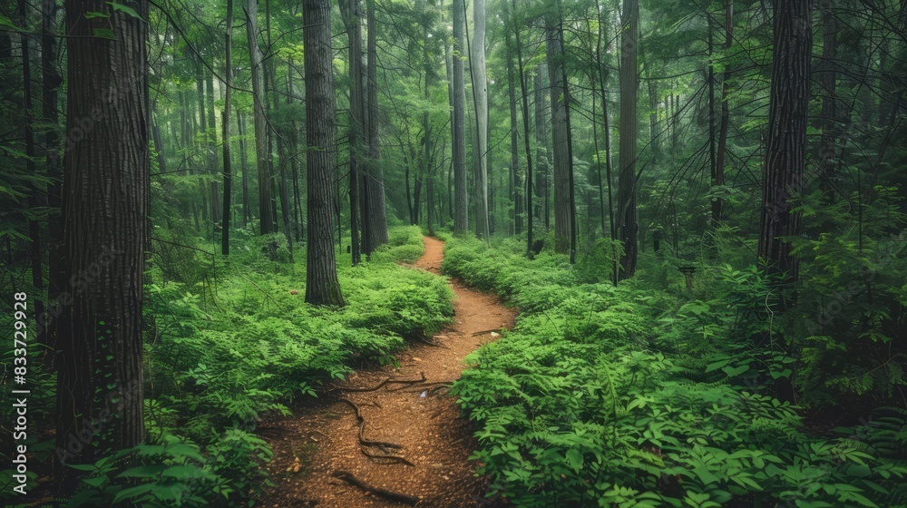 Poster A forest path is shown in the image, with trees on either side