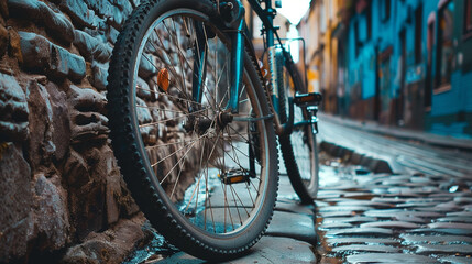 bicycle standing in the old city street