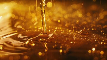 Close up image of pouring golden liquid