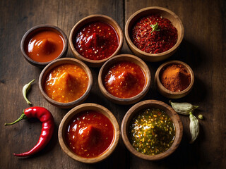 Various types of chili sauce flavors served in small wooden bowls