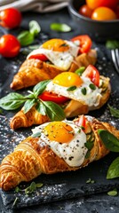 Croissant Breakfast with Egg Tomato and Basil on a Black Slate Plate