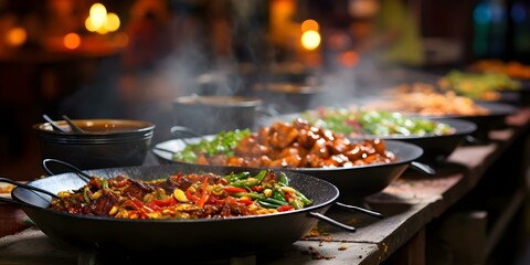 Obraz premium Chinese street food stalls offer a variety of delicious culinary delights. Concept Street Food, Chinese Cuisine, Culinary Delights, Food Stalls, Delicious Options