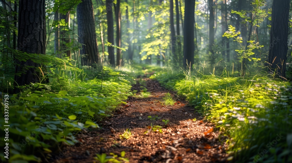 Aufkleber A forest path with a lot of trees and grass