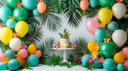 A tropical themed birthday party with a cake and balloons