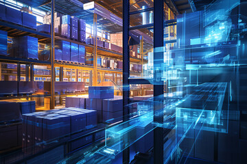 Fototapeta premium futuristic warehouse with digital blue overlays showing technological enhancements and data visualization