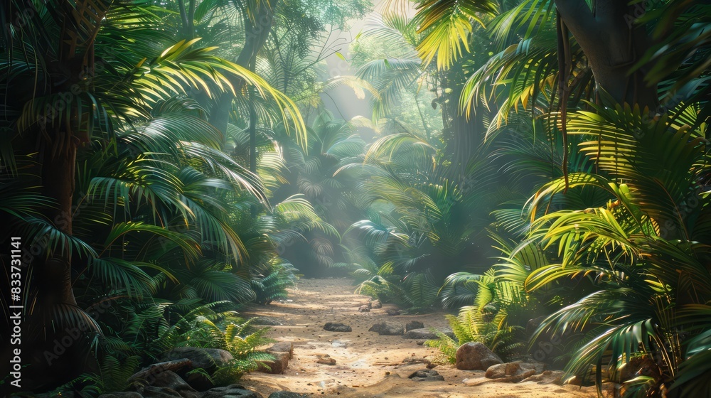Poster a jungle scene with a path through the trees