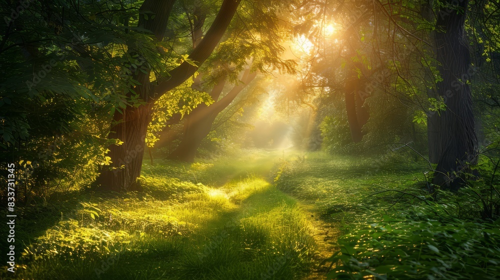 Poster A forest path is illuminated by the sun, casting a warm glow on the trees
