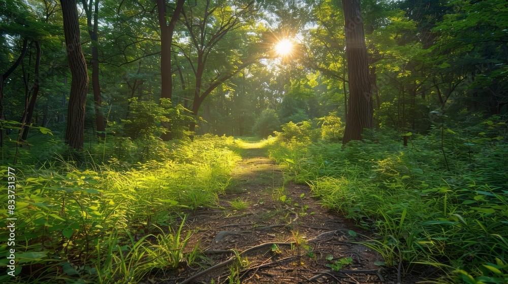 Poster A path through a forest with a sun shining through the trees