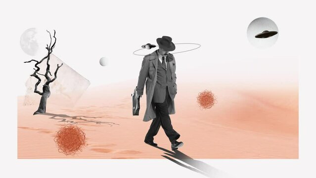 Man in coat and fedora hat walking on desert with UFO and planet elements. Stop motion, animation. Journey into the unknown. Concept of surrealism, creativity, retro style, imagination, inspiration