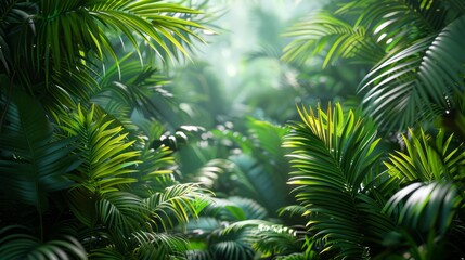 A lush green jungle with many leaves and a bright sun shining through the trees