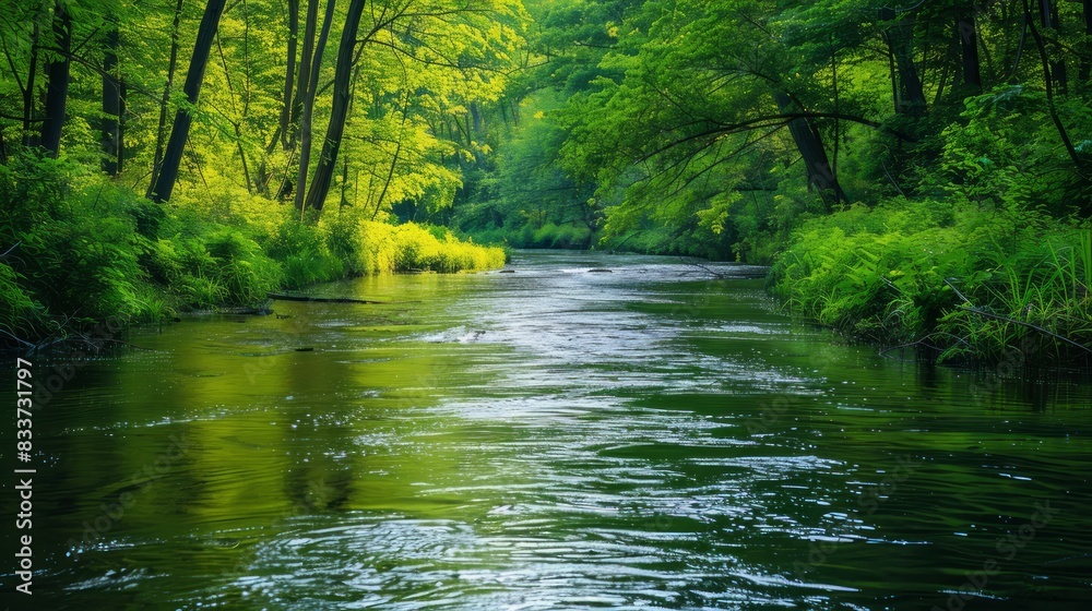 Poster a river with green trees on either side
