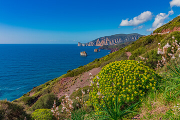 Spring view of Nebida and Masua coast and Pan di Zucchero on background. Sardinia, Italy