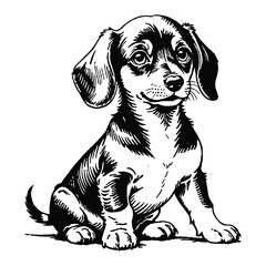 Dachshund Dog Puppy Hand Drawn Engraved Ink Line Art Sketch Illustration