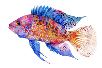 A colorful watercolor fish with bright blue, red, and orange scales, swimming to the left