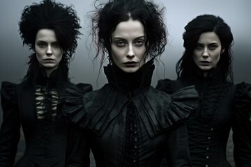 Three enigmatic women with gothic makeup and victorian dresses, exuding an eerie aura against a dark background
