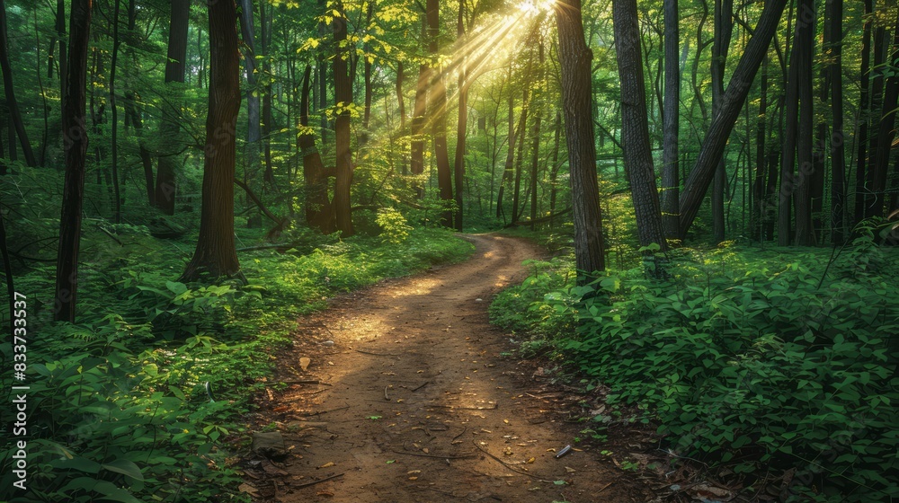 Aufkleber A path through a forest with sunlight shining through the trees