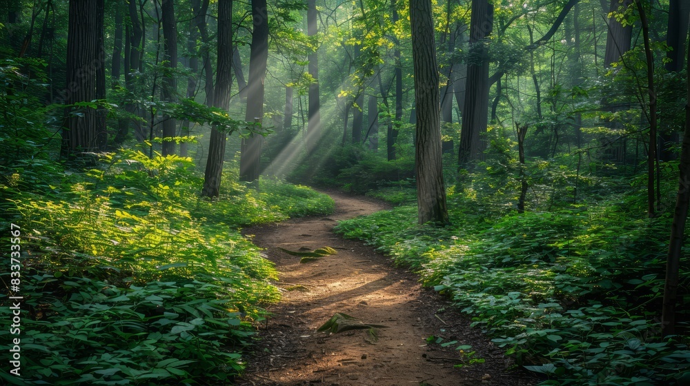 Poster A path through a forest with sunlight shining through the trees