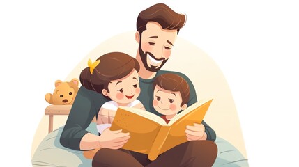 Father reading a bedtime story to his children, creating precious memories on Father s Day Isolated white background, copy space