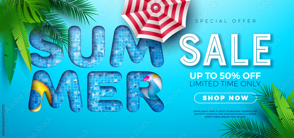 Wall mural summer sale poster design template with exotic palm leaves and beach holiday elements on pool backgr