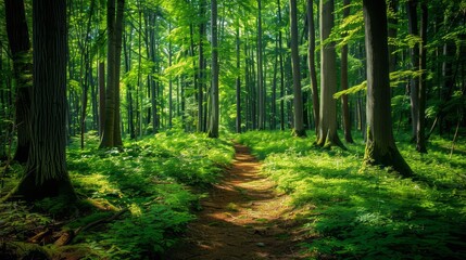 Obraz premium A forest path is shown in the image, with trees on either side