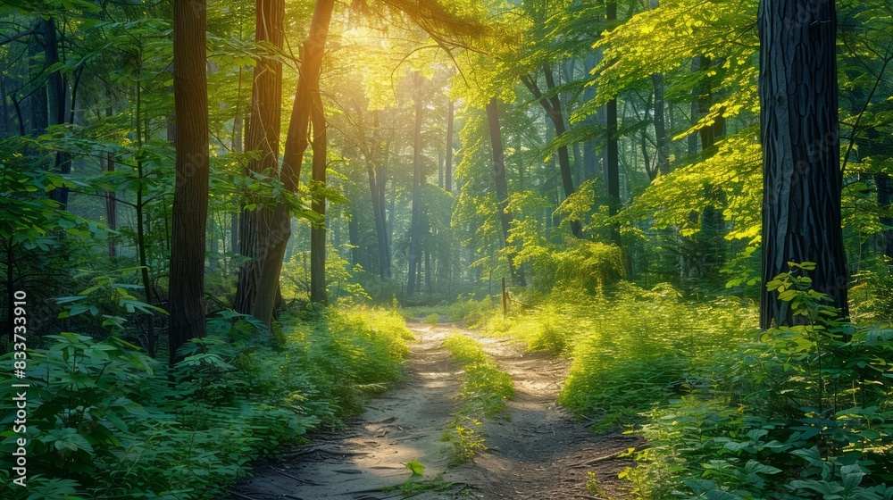Aufkleber A forest path is shown in the sunlight, with trees on either side