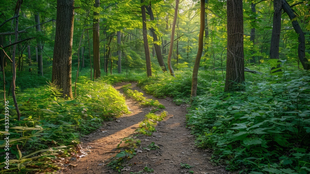 Poster A path through a forest with sunlight shining through the trees