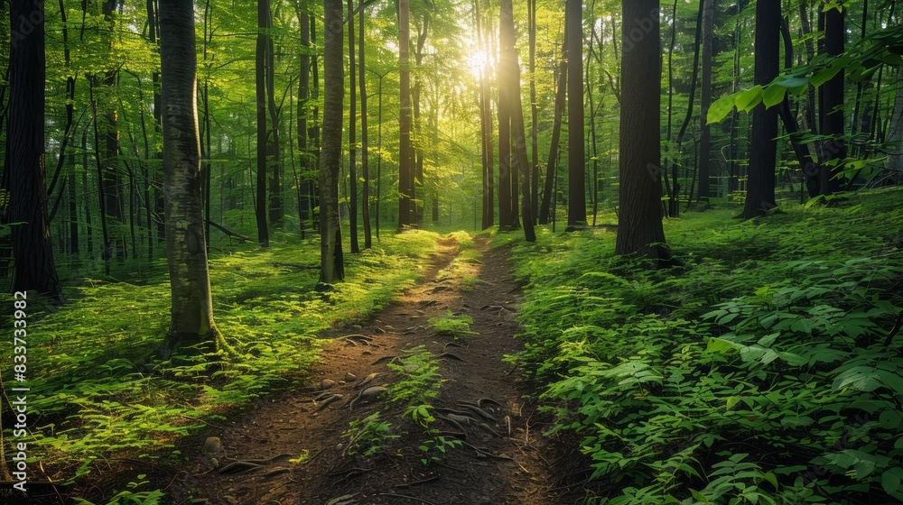 Poster a forest path is shown in the sunlight, with trees on either side